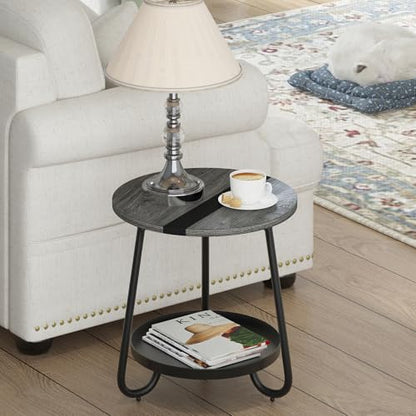2 Tier Coffee Table in Living Room, Industrial Style Round Coffee Table with Metal Tray, Wood Small Outdoor Coffee Table for Bedroom Balcony Patio, Gray - color: Grey