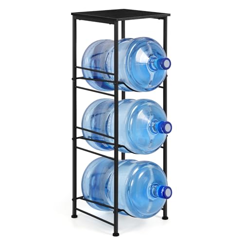 OYEAL Water Jug Holder Stand 5 Gallon Water Bottle Holder Organizer with Shelf, Heavy Duty 3 Tier Water Bottle Storage Rack for Kitchen, Office, Living Room, Black - style: Round Tube Black