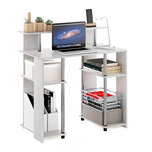 Furinno Jaya Simple Design Computer Writing Desk, White Oak/Stainless Steel | Raised Hutch and Open Shelf, Simple Design Computer Writing Desk, Office Desk for Home Office, Bedroom - color: White Oak/Stainless Steel