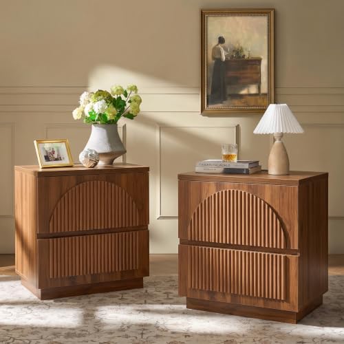 Yechen Fluted Nightstand Set of 2, Nightstand with Storage, Modern Arched Reeded Night Stand with Charging Station, Bedside Table for Bedroom, Walnut - color: Walnut, size: 1SET