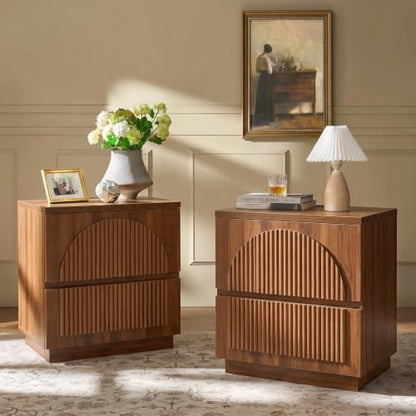 Fluted Nightstands Set of 2 with Charging Station, Walnut | Fluted nightstand with charging station, 2 drawers, arched fronts and a curved base - size: 1SET