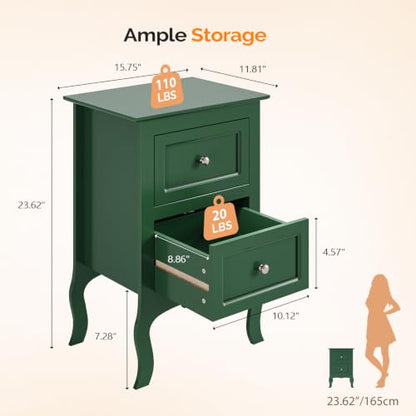 Bonnlo Green Nightstand with Drawers for Bedroom, Green Night Stand Bedside Table for Small Spaces, Kids Room, Living Room, Dorm, French, 15.75" W x 11.8" D x 23.6" H - color: Green