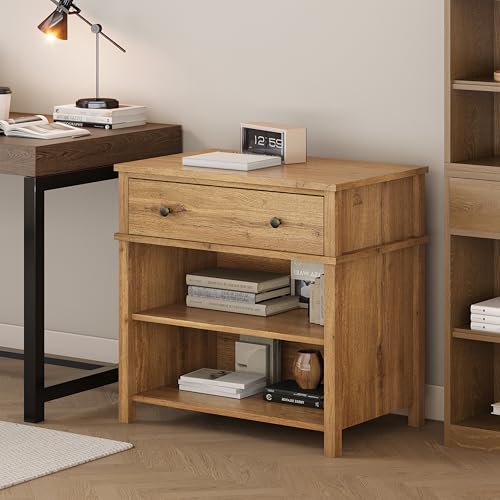 End Table with Drawer and 2 Tier Shelves, Wood Sofa Side Table for Living Room, Modern Nightstand Bedside Table for Bedroom, Small Console Table for Entryway, Hallway, Natural - color: Natural