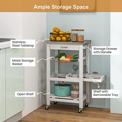 Giantex Kitchen Island Cart, Rolling Kitchen Storage Cart with Stainless Steel Tabletop, Drawer, Basket and Shelf, Utility Service Cart on Wheels for Restaurant Hotel