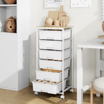 6 Drawer Rolling Storage Cart with Wooden Top and Wheels for Crafts,White | Easy Setup, Large Capacity, Sturdy Build, Lockable Mobility, For office, classroom and art studio supplies - color: White