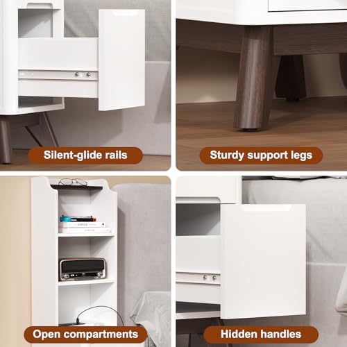 Tall Nightstand Set of 2 w/Charging Station, Narrow Nightstand w/Bookshelf | 47" Modern Side Table with 2 Drawers, Adjustable 4 Open Shelves, Wooden End Table Bedside Table for Bedroom (White) - color: White, size: Tall (2 drawer)