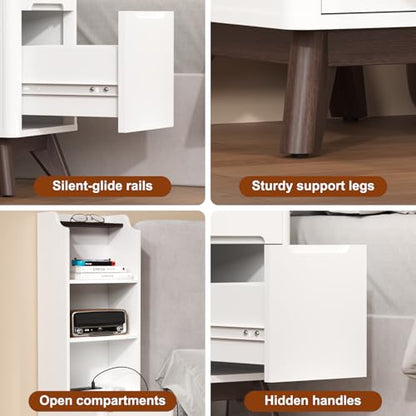Tall Nightstand Set of 2 w/Charging Station, Narrow Nightstand w/Bookshelf | 47" Modern Side Table with 2 Drawers, Adjustable 4 Open Shelves, Wooden End Table Bedside Table for Bedroom (White) - color: White, size: Tall (2 drawer)