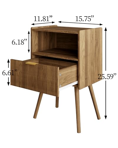Veegle Nightstand,Modern Bedside Table with Storage Drawer and Open Wood Shelf, Accent Night Stand with Solid Wood Legs for Living Room, Bedroom and Small Spaces,Easy Assembly (Walnut Brown) - color: Walnut Brown-2