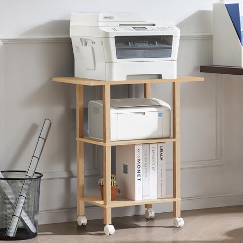 YUFAM 3 Tier Home Printer Stand with Storage, Natural | Wooden Mobile Printer Table Shelf, Rolling Printer Cart Shelf with Lockable Wheels fit Fax Machine, Scanner - color: Wood, size: 15.75"D×23.65"W×25.7"H