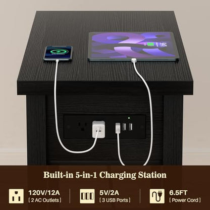 Armocity Narrow End Table with Charging Station - Farmhouse Side Table with Drawer, 14" Wide Wood Nightstand Slim Couch Bedside Table for Living Room Bedroom Small Spaces, Black - color: Black, size: 1 Pack
