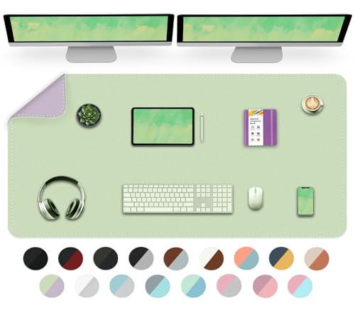 Dual-Sided Desk Mat, Large Pad, Waterproof Smooth PU Leather Blotter Protector, Mouse Pad, Desk Organizers, Office/Home Table Decor for Reading and Writing (Matcha+Purple, 47.2''23.6'') - color: Matcha+purple, size: 47.2'' × 23.6''