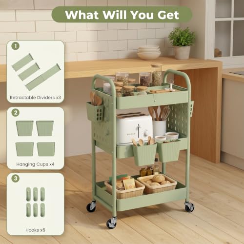 danpinera 3 Tier Rolling Cart with Retractable Dividers, Multi-Functional White Rolling Utility Cart with Pegboards, Hooks & Hanging Cups for Nursery, Living Room, Studio - color: Light Green