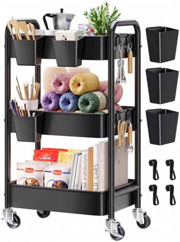 3 Tier Rolling Cart Metal with Wheels, Black Three Tiered Art Cart Organizer on Wheels, Storage Utility Trolley Carts for Kithcen, Craft, Nail, Lash, Makeup, Salon,Bedside, Bathroom, Office, Snack - color: Matte Black, size: 3 Tier + Cups + Hooks