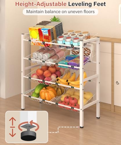 4-Tier Fruit and Vegetable Storage Rack with 8 Removable Baskets, Small Kitchen Island, Pantry Floor Organizer Stand Shelves for Snack Onion Potato Storage, White - style: 8 Baskets-White