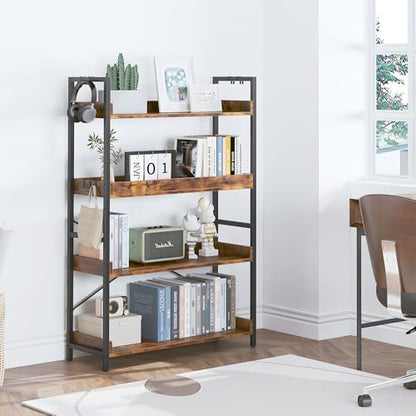 HCHQHS 4 Tier Bookshelf, Adjustable Industrial Bookcase, Vertical Tall Book Shelf, Wood and Black Metal Open Bookshelves for Home Office, Living Room, Bedroom - color: Rustic Brown, size: 4-Tier (31.5"W x 44"H)