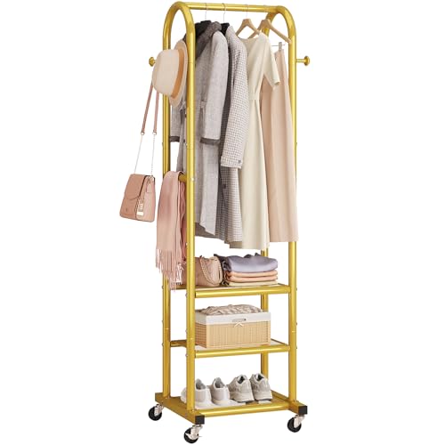 Dttwacoyh Clothing Rack with Wheels,Narrow Metal Garment Rack,Gold | Easy to install, 71.8 Inches Display Rack with 4 Side Hooks & 3 Shelves,for Small Flats, Bedroom, Entryway,Gold Clothes Rack - color: Gold
