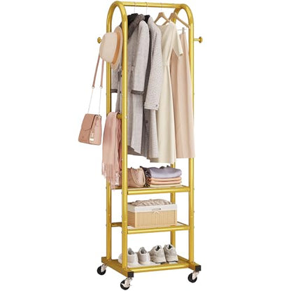 Dttwacoyh Clothing Rack with Wheels,Narrow Metal Garment Rack,Gold | Easy to install, 71.8 Inches Display Rack with 4 Side Hooks & 3 Shelves,for Small Flats, Bedroom, Entryway,Gold Clothes Rack - color: Gold