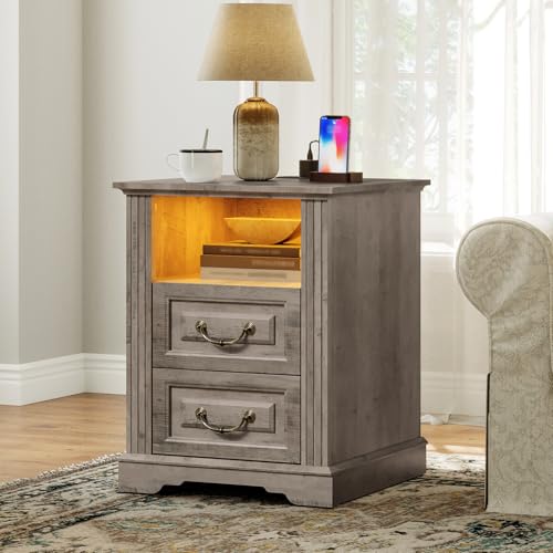RALGEND Farmhouse Nightstand with Charging Station, Night Stand with 2 Drawers, End Tables Living Room, LED Bed Side Table with Open Shelf, End Table for Bedroom, Living Room, Greige - color: Greige