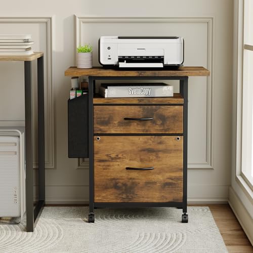 DUMOS 2 Drawer Mobile File Cabinet, Printer Stand with 24'' Wide Desktop | Fabric Drawer Cabinet Under Desk with Storage Side Bag,Rolling Printer Cart Not for Hanging Files for Home Office, Brown - color: Modern Brown