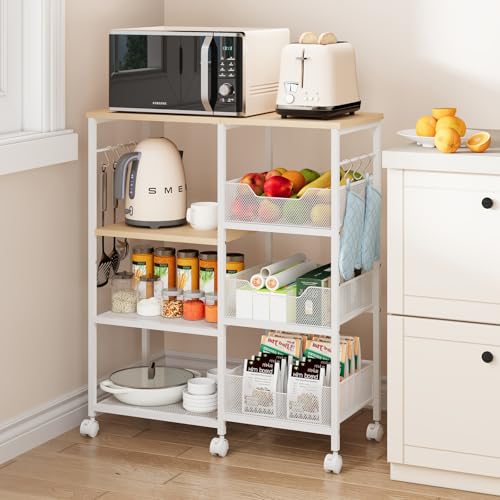 SWTYMIKI Kitchen Island Cart on Wheels - 4 Tier Rolling Kitchen Table Cart with Storage Shelves, 6 Removable Hooks& Locking Casters, Coffee Bar Cabinet for Dining Room Pantry Office, White - size: 28x11.81in, style: White