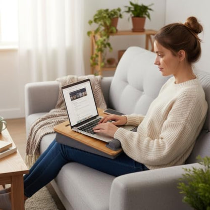 Lap Desk for Laptop with Cushion, Bamboo Laptop Stand with Anti-Slip Strip Tablet Phone Holder, Fits up to 15.6 inch Portable Computer Lap Desk for Couch, Bed & Car - size: 16.5"x13.4" Fixed