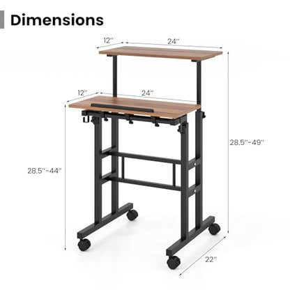 Tangkula Mobile Standing Desk, Height-Adjustable Laptop Podium Cart with Tilting Tabletop & Adjustable Angle, Rolling Stand Up Computer Desk with 2 Hanging Hooks & Lockable Casters for Home Office - color: Brown