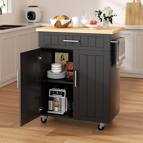 Shintenchi Kitchen Island cart with Storage, Portable Bar Cabinet on Wheels, Rolling Microwave Cart Side Table with Workstation for Kitchen, Dinning Room, Black - color: Black-26 Inch