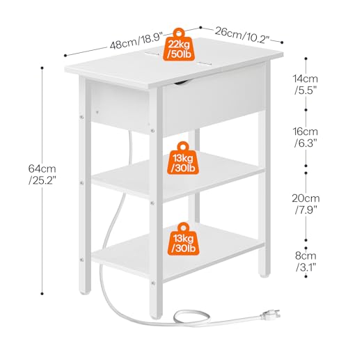 HOOBRO End Table with Charging Station, Narrow Side Table, Flip Top Nightstand with USB Ports and Outlets, Bedside Tables with Shelf for Small Spaces, Living Room, White WT341BZ01 - color: White