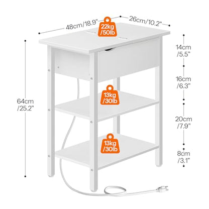 HOOBRO End Table with Charging Station, Narrow Side Table, Flip Top Nightstand with USB Ports and Outlets, Bedside Tables with Shelf for Small Spaces, Living Room, White WT341BZ01 - color: White