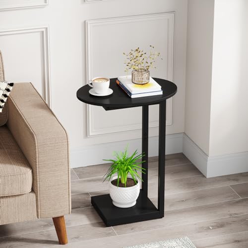 Hosfais Small Side Table End Table, C-Shaped Couch Tables | Wood Coffee Table TV Tray for Small Space, Bedroom Living Room (Black) - color: Black, size: Oval
