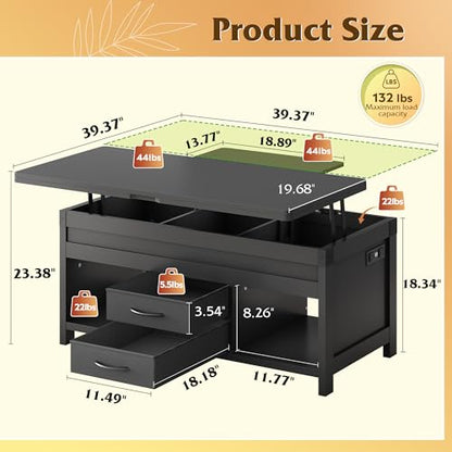 WLIVE 40" Lift Top Coffee Table, 4 in 1 Coffee Tables with Storage, 2 Fabric Drawers, LED Light and USB, Modern Coffee Table with Hidden Compartment for Living Room, Dining Room, Black - color: Black