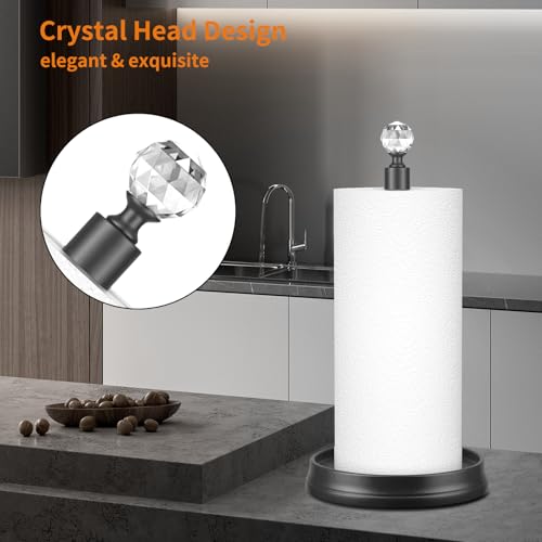 KASUNTO Crystal Head Paper Towel Holder - Steel Countertop Stand for Kitchen, Bars & Dining Tables - Fits Standard & Jumbo Rolls - Matte Black - color: Matte Black