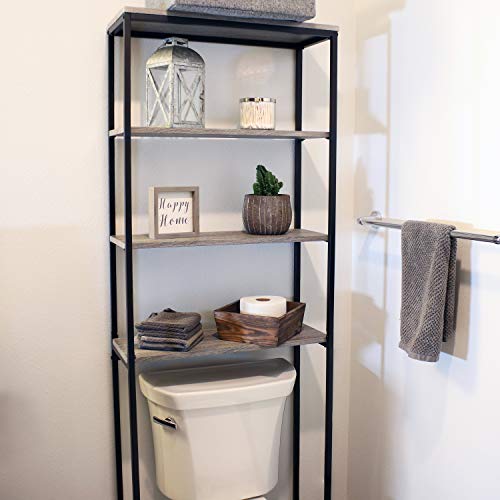 Sunnydaze 69-Inch 4-Tier Over-the-Toilet Shelf - Open Shelves, Veneer Finish and Black Iron Frame - Oak Gray - color: Oak Gray