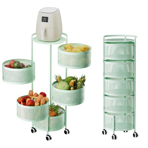 JAQ Rotating Fruit Basket, 5-Tier Metal Sturdy Kitchen Storage Rack Shelf Carts No Assembly on Rolling Wheels for Fruit Vegetable Grocery Corns Potato Onion (5-Tier, Green) - color: 5-tier /Green