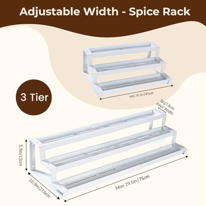 Expandable Spice Rack Organizer for Cabinet, 3 Tier Metal Spice Organization,16"-29.5" Wide Adjustable Seasoning Organizer, Display Shelf, Canned Goods Organizer for Pantry Kitchen Countertop, White - size: Large-White- Fits 10.9" Deep Cabinet
