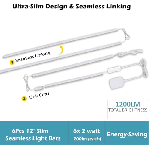 Cefrank 6-Pack 12 Inch Seamlessly Linkable LED Under Cabinet Lighting Strip Light Bars for Cabinet, Kitchen, Shelf, Workbench, Cupboard, 1200 Lumen Cold White 6000K - color: White