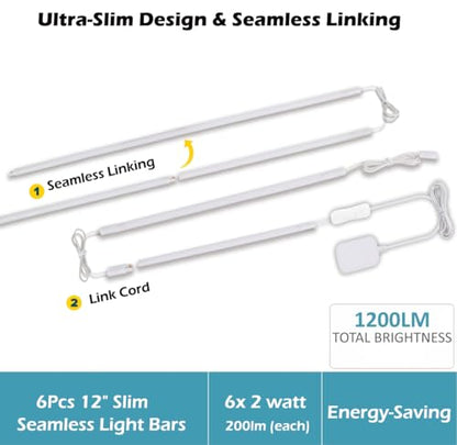 Cefrank LED Under Cabinet Lighting 6-Pack 12 inch Seamlessly Linkable Strip Light Bars for Cabinet, Kitchen, Shelf, Workbench, Cupboard, 1200 Lumen, Warm White 3000K - color: Warm White