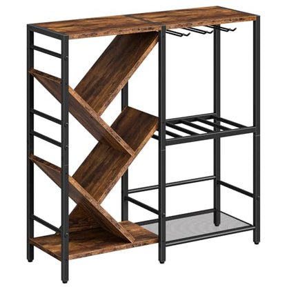 HOOBRO Liquor Cabinet Bar, Wine Rack Freestanding Floor, 3-Tier Wine Rack with Glass Holder, Liquor Bar Cabinet, Mini Bar Table with Bottle Display Rack for Home Bar, Rustic Brown and Black BF36JJ01