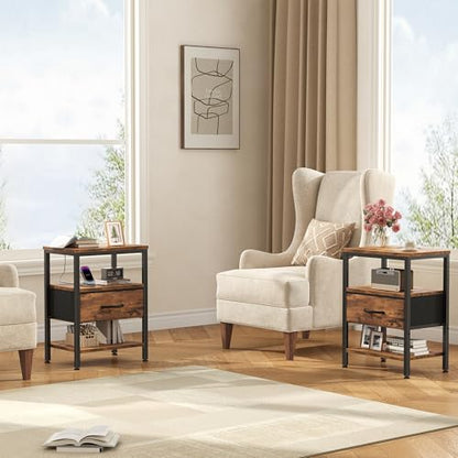 DUMOS Nightstands Set of 2 with Charging Station, Bedside Table with 1 USB-A, 1 USB-C & 2 AC Outlets, Fabric Drawer with Adjustable Open Shelf, Compact End Table for Bedroom, Rustic Brown - color: Rustic Brown, size: 15.7"Dx11.8"Wx23.4"H(1 Drawer, 2 Pack)