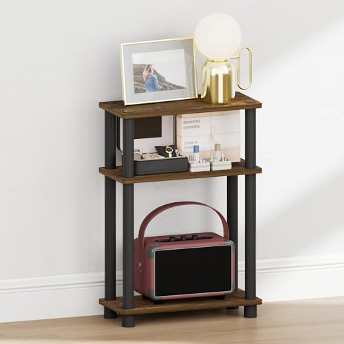 Furinno Turn-N-Tube Narrow Night Stand, 3-Tier Rectangular Nightstand with Storage Shelf, Slim Toolless Bedside Table, End Table, Side Table, for Bedroom, Closet, Dorm, Amber Pine - color: Amber Pine/Black