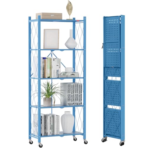 DEANIC 5-Shelf Folding Bookcase with Wheels, Heavy Duty Storage Shelves, Freestanding Metal Wire Shelving Unit for Living Room, Office, Kitchen, Basement, Pantry(Blue) - color: Blue, size: Compact 5 tier