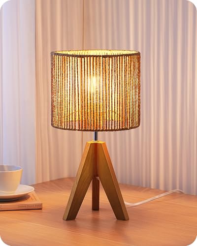 EDISHINE Small Rattan Table Lamp, Wood Tripod Bedside Lamp, Boho Nightstand Lamp for Living Room, End Table, Office, E26 Base, Natural Style - color: Rosewood Color&Vertical Stripe Shade