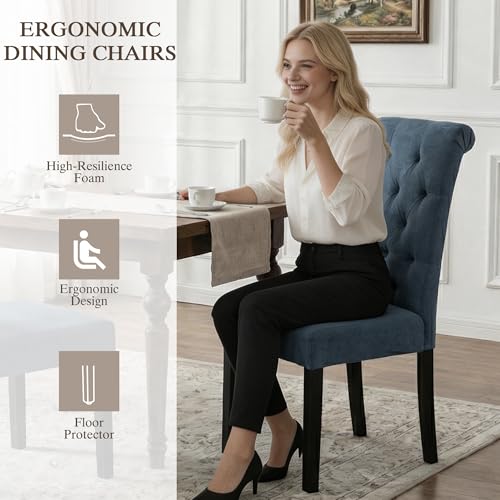 LSSBOUGHT Upholstered Dining Chairs Set of 2,Tufted Parsons Kitchen Chair with Solid Wood Legs, Modern Towel Fabric Side Chair for Dining Room/Restaurant(2pcs,Blue) - color: Blue-fabric, size: Set of 2