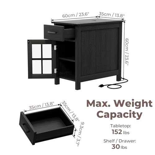 Farmhouse End Table with Charging Station, Narrow Side Table for Living Room, Sofa Side Table with Drawer and Storage Cabinet, Small Nightstand for Bedroom, Home Office - color: Black