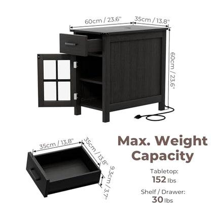 Farmhouse End Table with Charging Station, Narrow Side Table for Living Room, Sofa Side Table with Drawer and Storage Cabinet, Small Nightstand for Bedroom, Home Office - color: Black