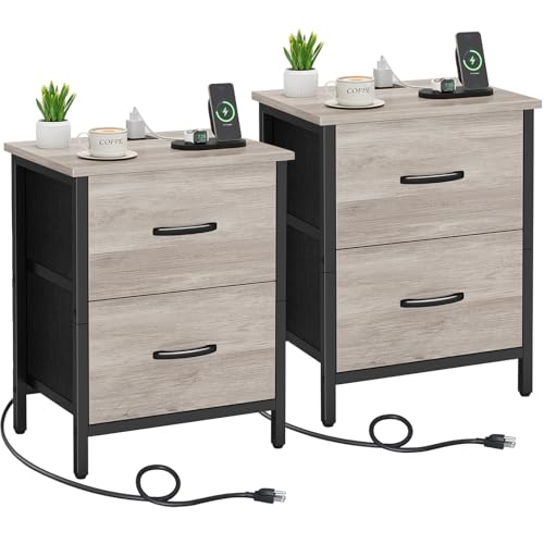 Vagusicc Nightstand Set of 2 with Charging Station, End Table Bedside Table with Power Outlet & USB Ports, Side Table with 2 Fabric Drawers for Bedroom, Living Room, Greige - color: Greige (2 Pack)