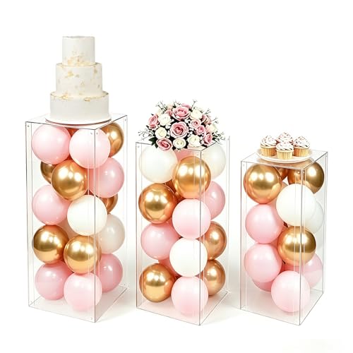 Vincidern 3PCS Acrylic Pedestal Stand for Party, Clear Square Display Plinth Pillar Stand for Wedding Cake Stand, Flower Holder, Sculpture Display, Art Gallery Home Decor (31.5"/27.6"/23.6" H)