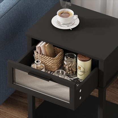 Nightstand Wooden Bedside Table with Drawer Black Night Stands Modern Style Small End Table Side Table with Storage Shelf for Bedroom Living Room MLBZ10B - color: Black