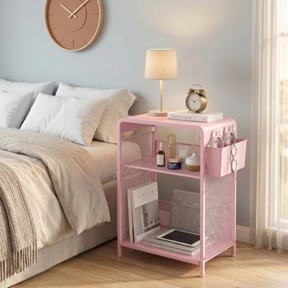 ECOLOVI 3 Tier Printer Stand for Under Desk, Height Adjustable Shelf Small Printer Table with 3 S-Hooks & Basket, Heavy Duty Industrial Storage Shelf for Home Office (Pink) - color: Pink