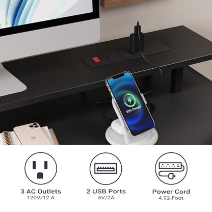Furnify 42 Inch Computer Desk with Fabric Drawers & USB Power Outlet, Black | Built-In USB Charging Station, Study Writing Table with Monitor Stand, Multifunctional Workstation for Bedroom Studyroom - color: Black